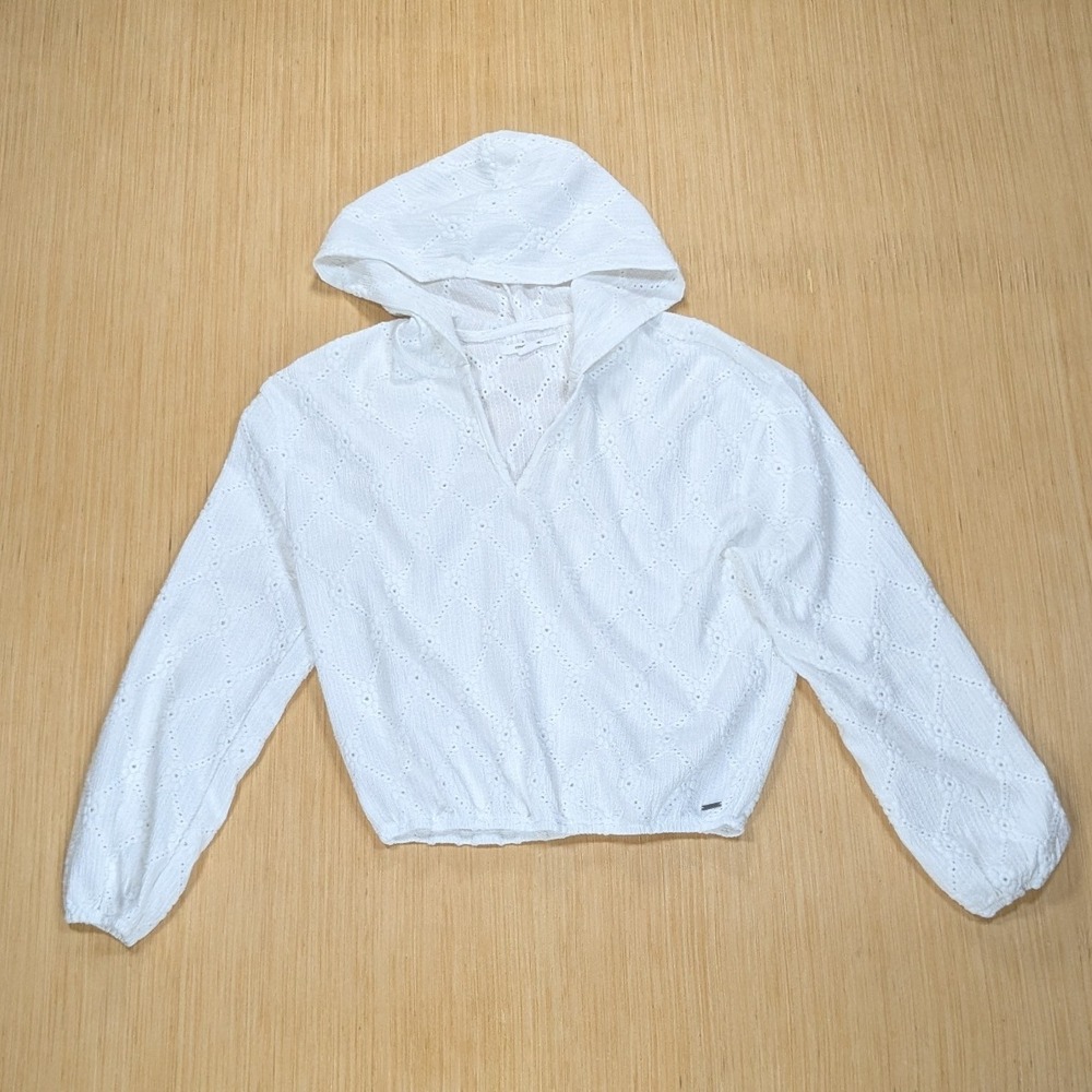 O'Neill White Eyelet Hoodie Cropped Pullover Drawstring Women's XS Surfer Casual